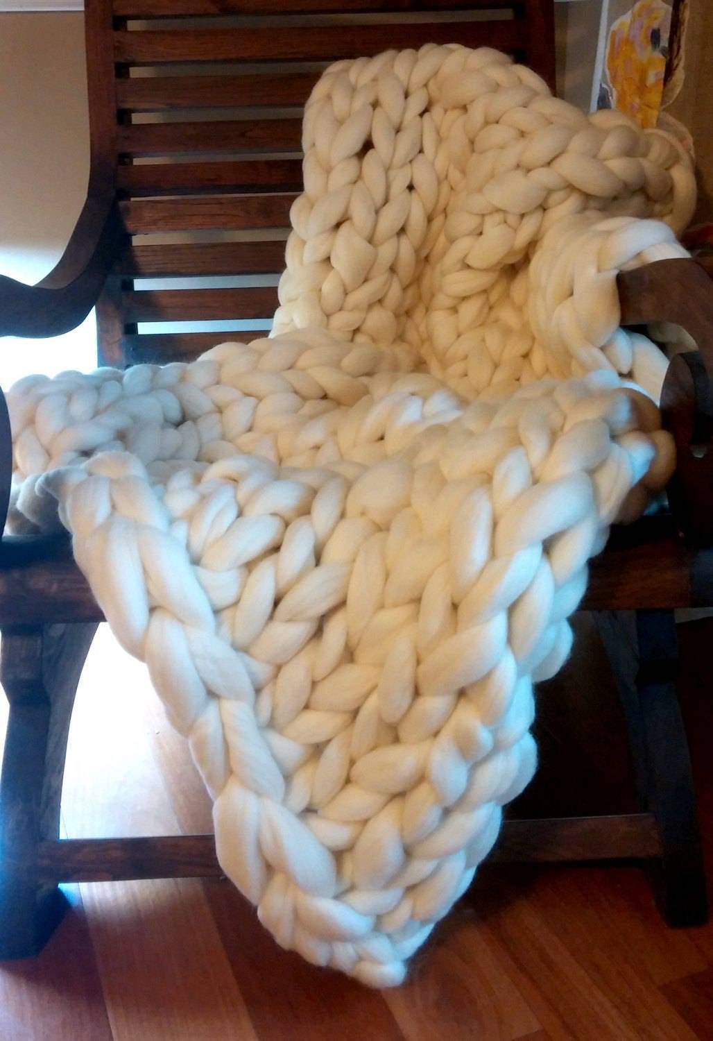 Chunky Knit Blanket Merino Wool 40" x 50" Throw Blanket Giant Knit, Extra Chunky Bulky Knit Blanket, Arm Knit Blanket, Big Super Knit