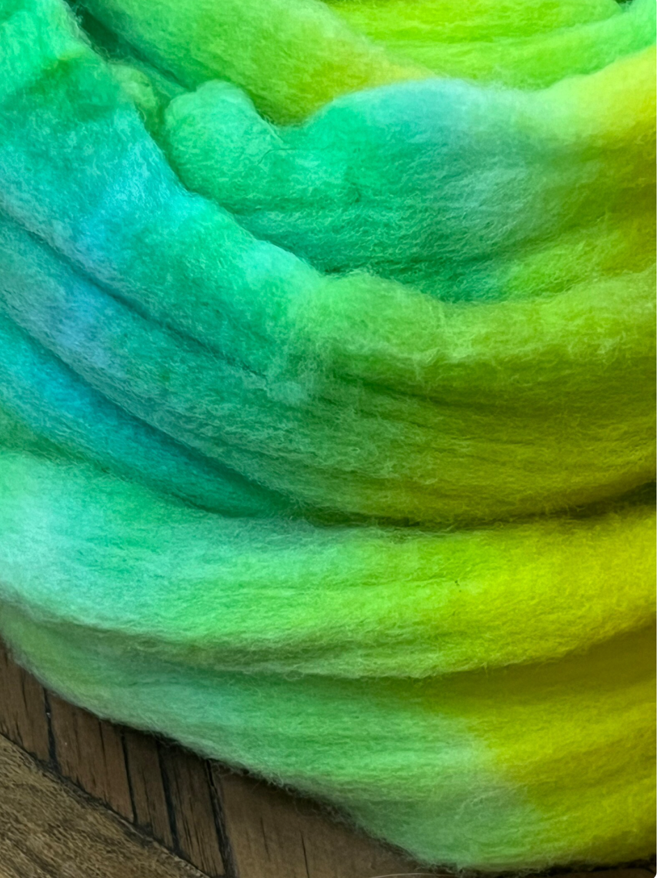 Superfine Merino Wool, Superfine Hand Spinning Roving - Hand Dyed - Lemon Lime Colorway