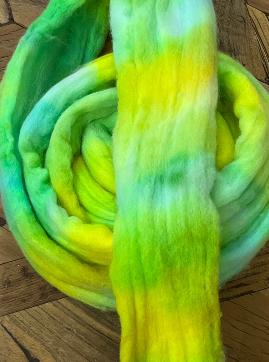 Superfine Merino Wool, Superfine Hand Spinning Roving - Hand Dyed - Lemon Lime Colorway