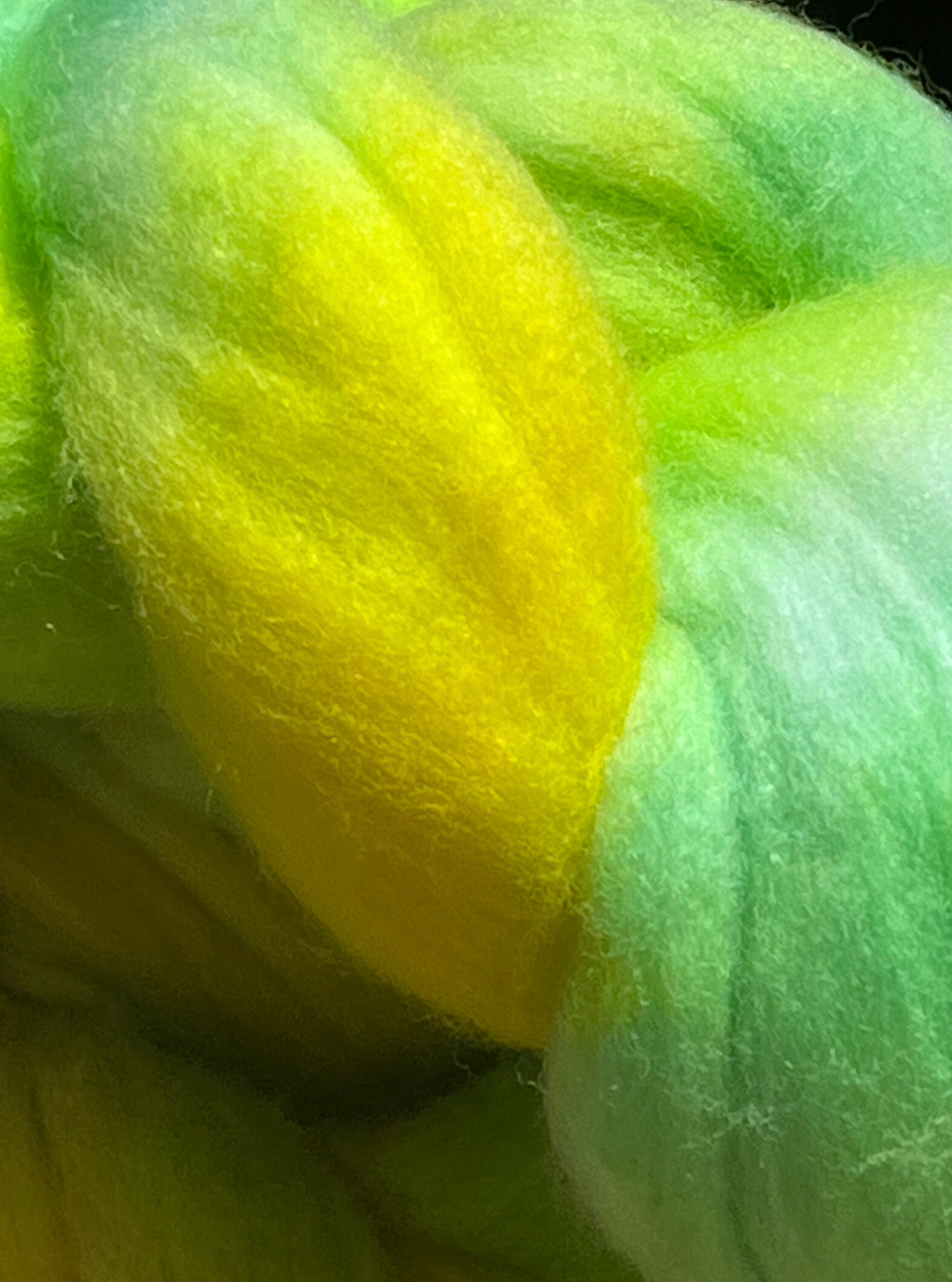 Superfine Merino Wool, Superfine Hand Spinning Roving - Hand Dyed - Lemon Lime Colorway