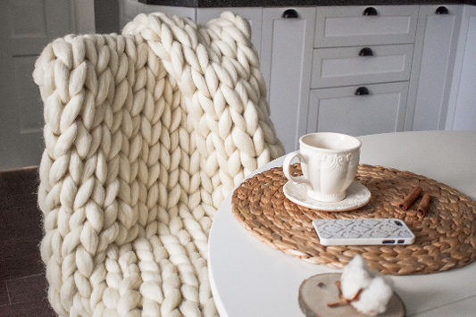 Large, Chunky, Handmade, Wool Knit Blanket -  40" x 60" Throw