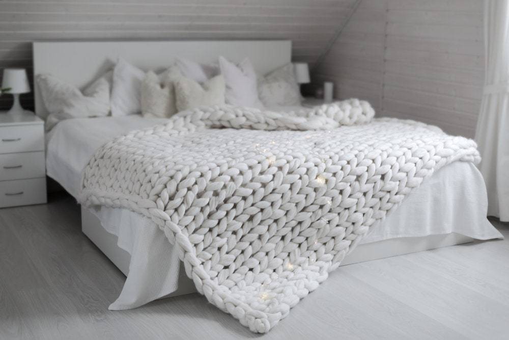 Chunky Knit Blanket -Giant Knit Merino Wool 60" x 80" Full/Queen Blanket Giant Knit-Cuddly Ultra Soft