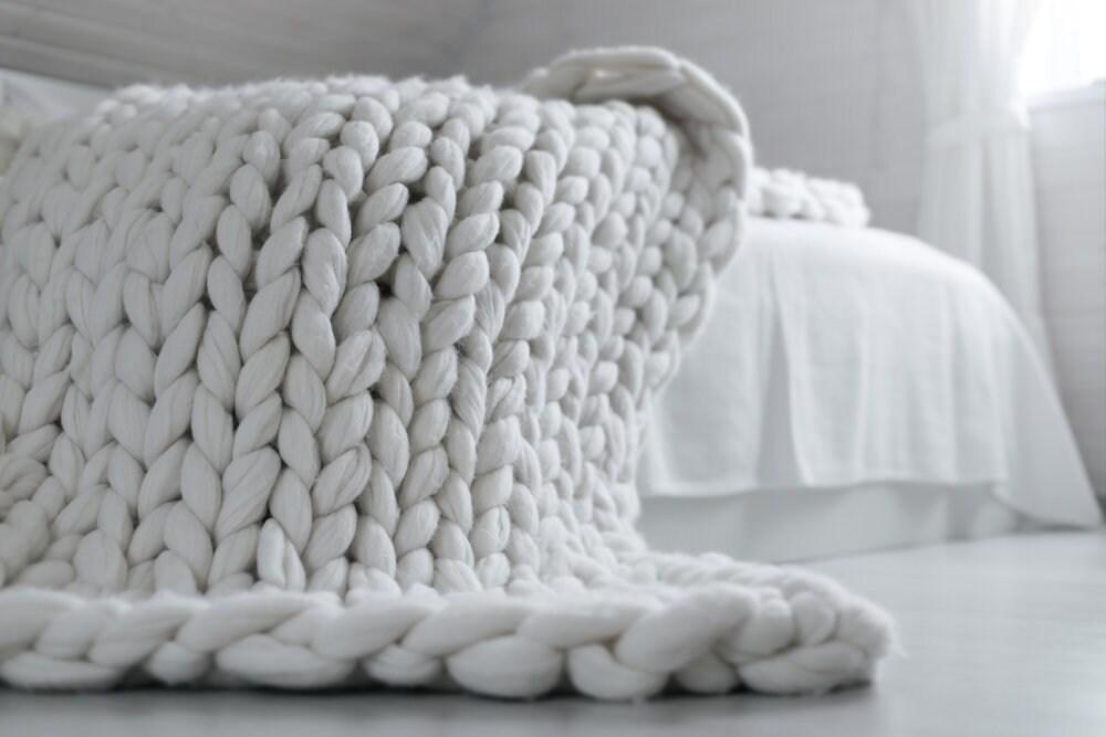 Bright WHITE Chunky Knit Blanket -Super Chunky Knit Merino Wool 40" x 63" Throw Blanket Giant Knit-Cuddly Ultra Soft