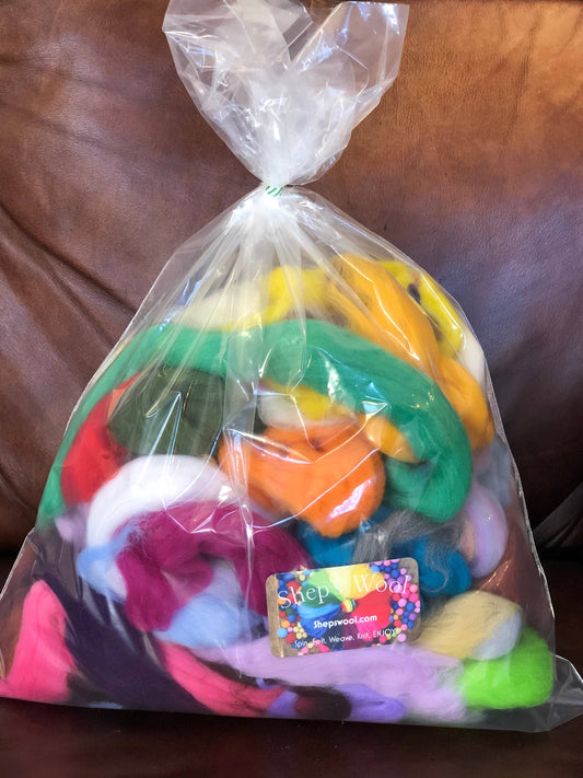 Multicolor Dyed Wool Fiber Roving Mix Sampler Bag