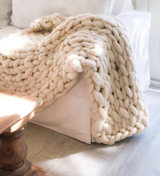 FAST Ship- Chunky Knit Blanket, SALE TODAY Only! Ivory Chunky Knit Wool Blanket 50"x 65" Throw Blanket Giant Knit, Chunky Merino Blanket
